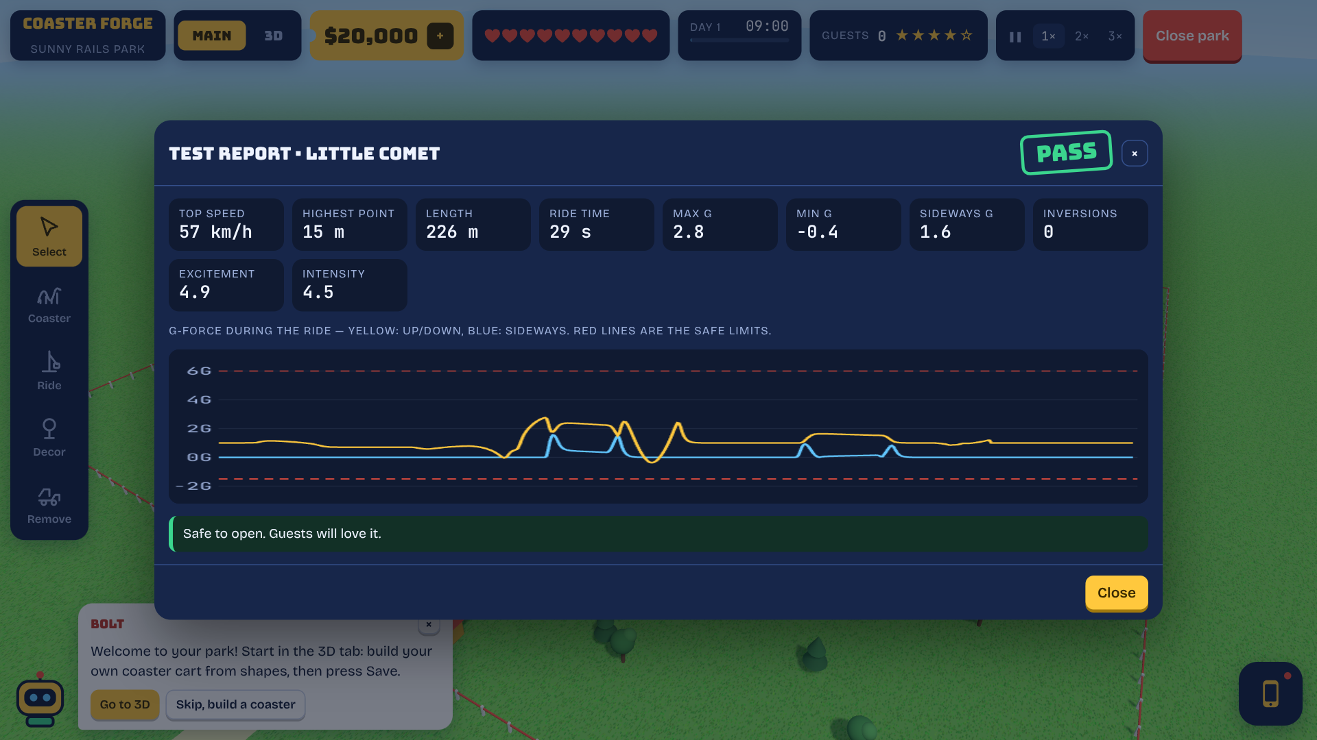 Coaster test report showing speed, G-forces and a passed safety test