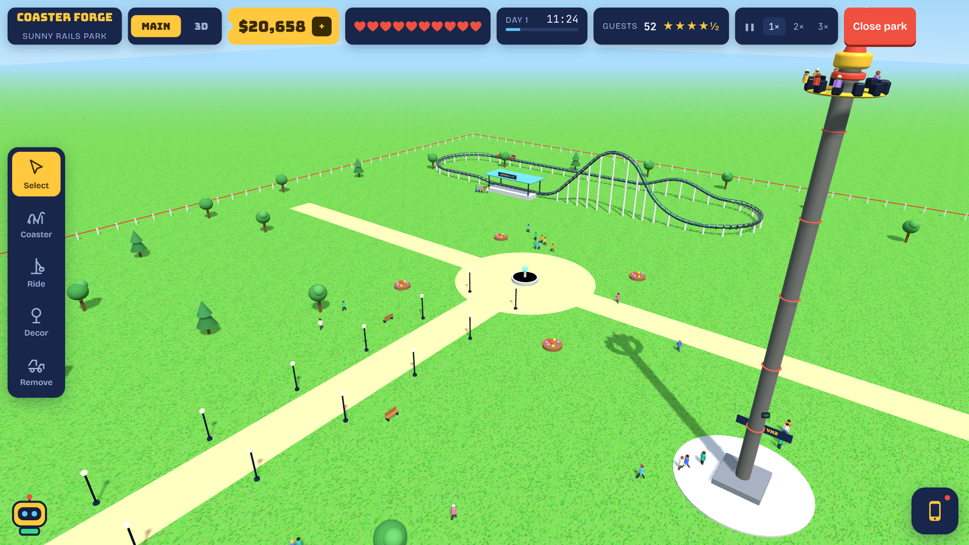 Coaster Forge park with a roller coaster and drop tower